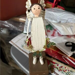 Handcrafted Wooden Angel Figurine with Holly Garland